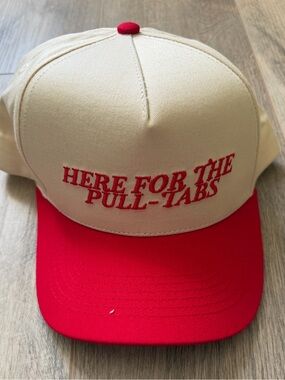 Beige and Red 'Here For The Pull-Tabs' Embroidered Baseball Cap